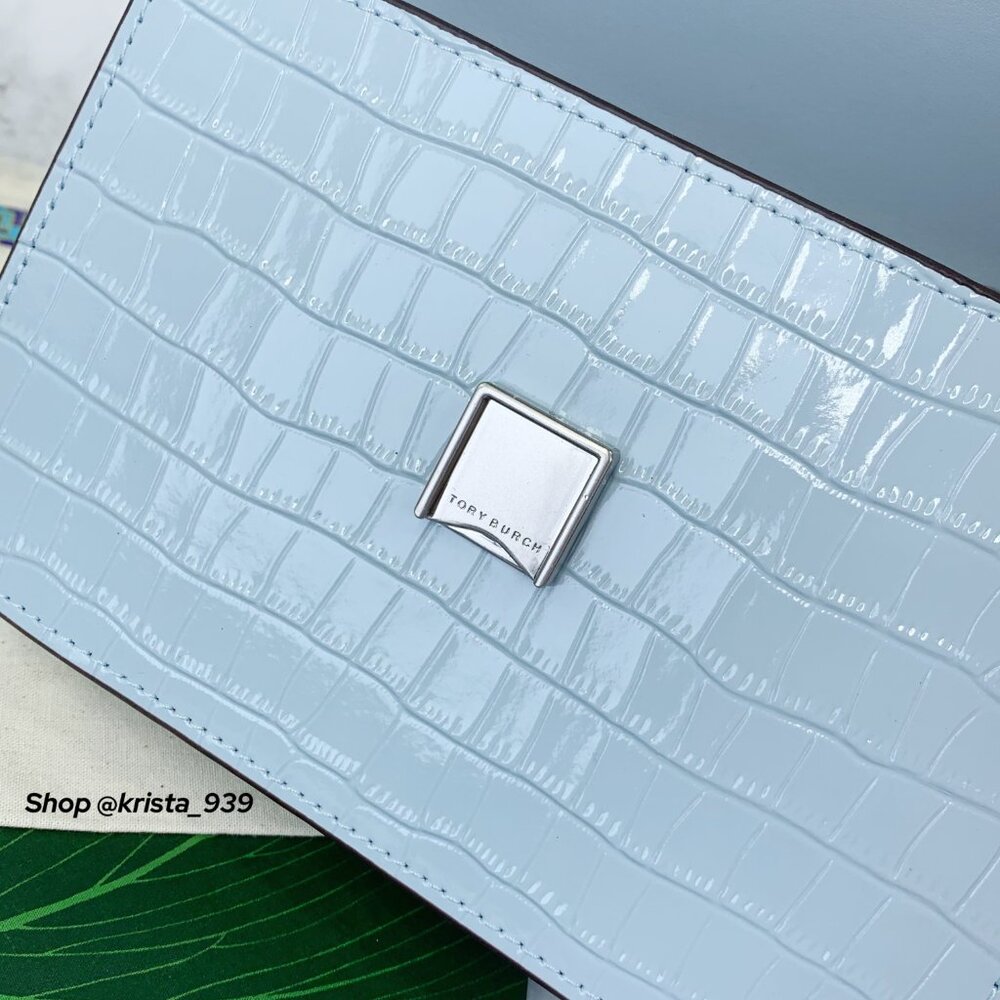TORY BURCH ELEANOR SMALL Convertible Bag croc-embossed Blue Mist Leather - Picture 9 of 10